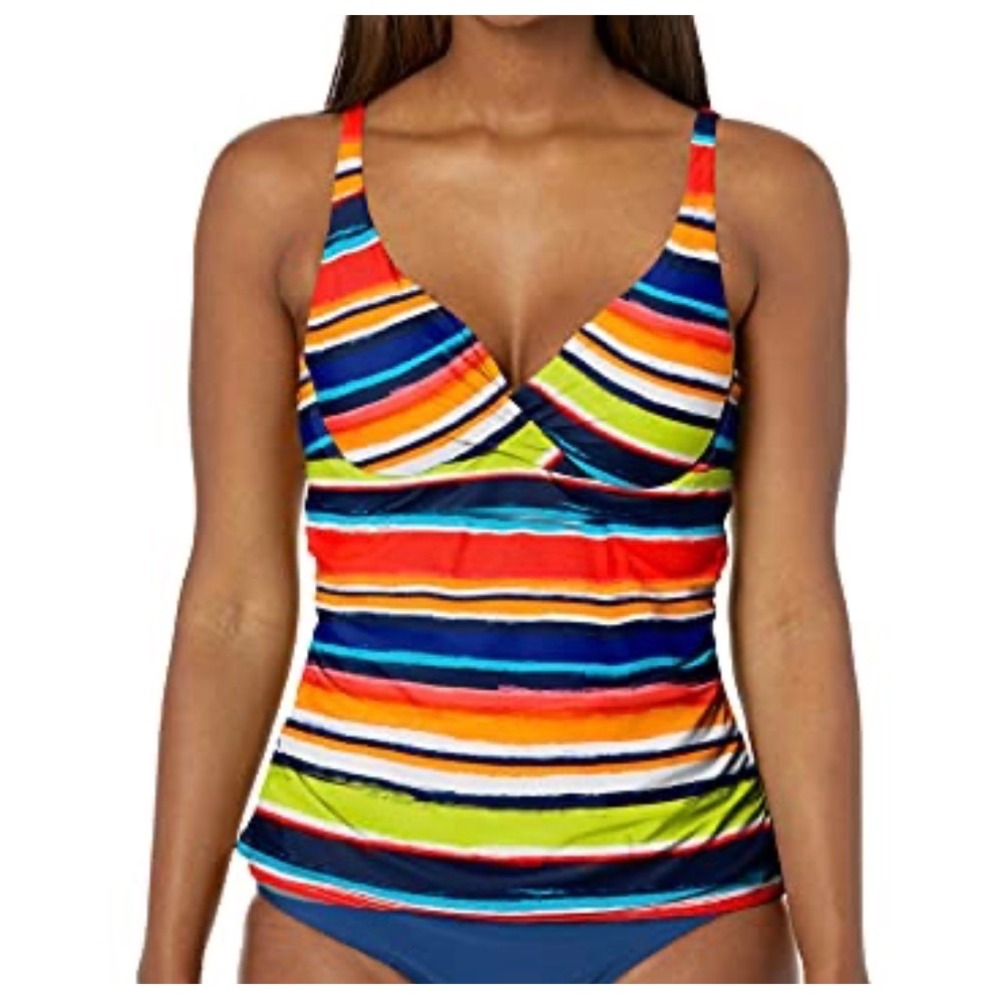 Catalina Swimwear NWT Womens Multi Stripe Tankini Top Ruched Twist V-Neck S 4/6